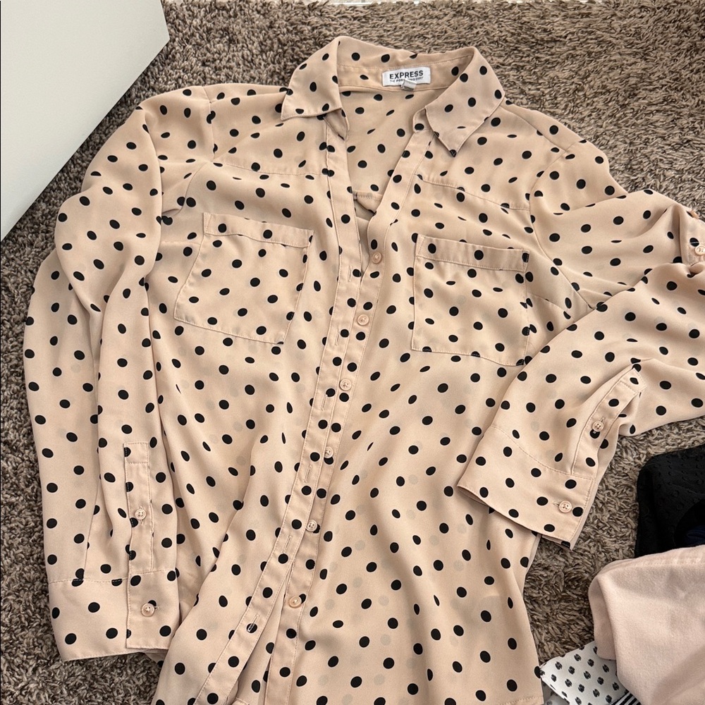Express Beige Polka Dot Button Down Shirt